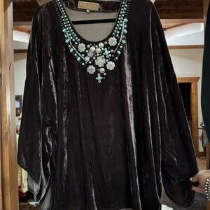 Double D Ranch Black Velvet Blouse with Turquoise Accents